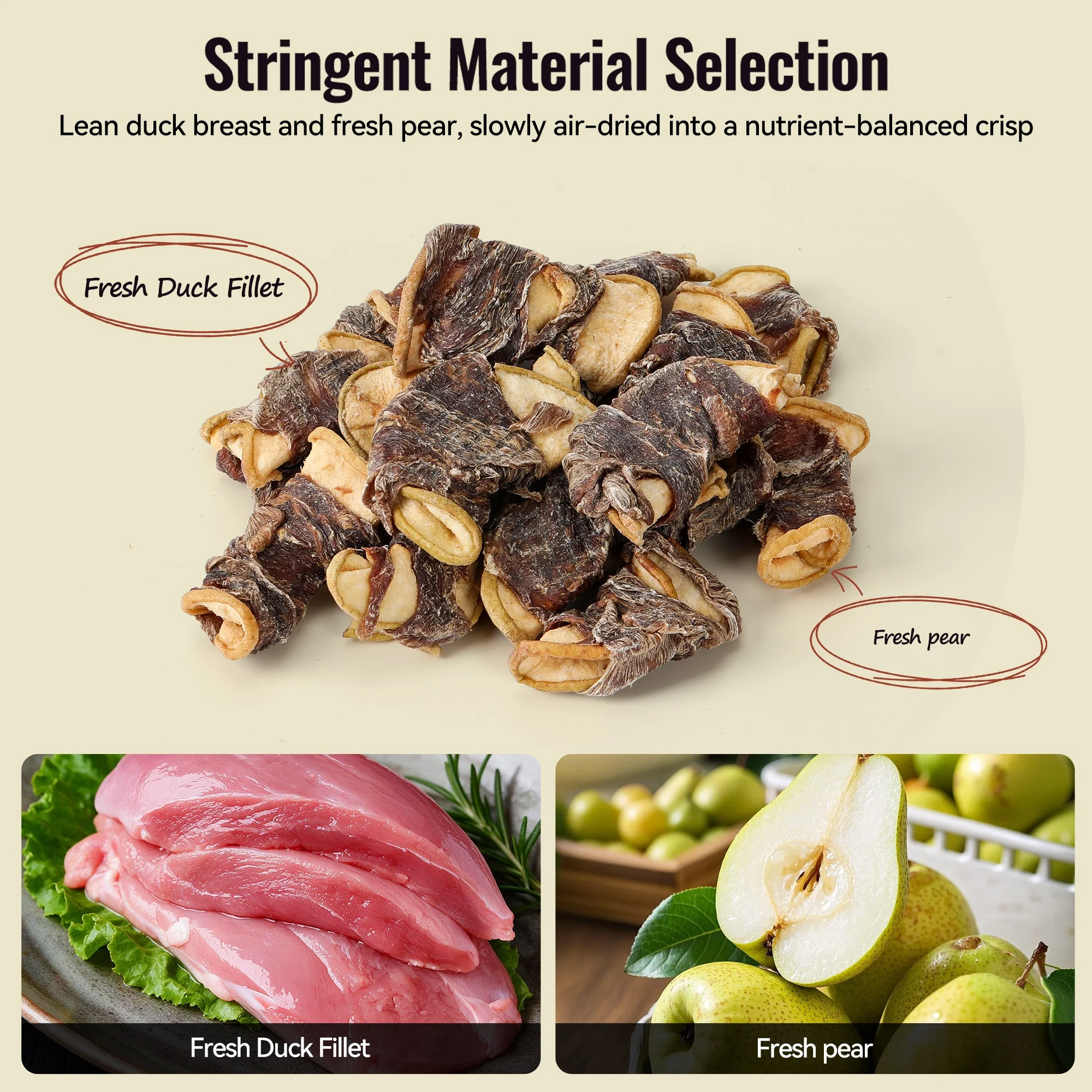 Duck breast and pear ingredients for De Trew air-dried dog treats