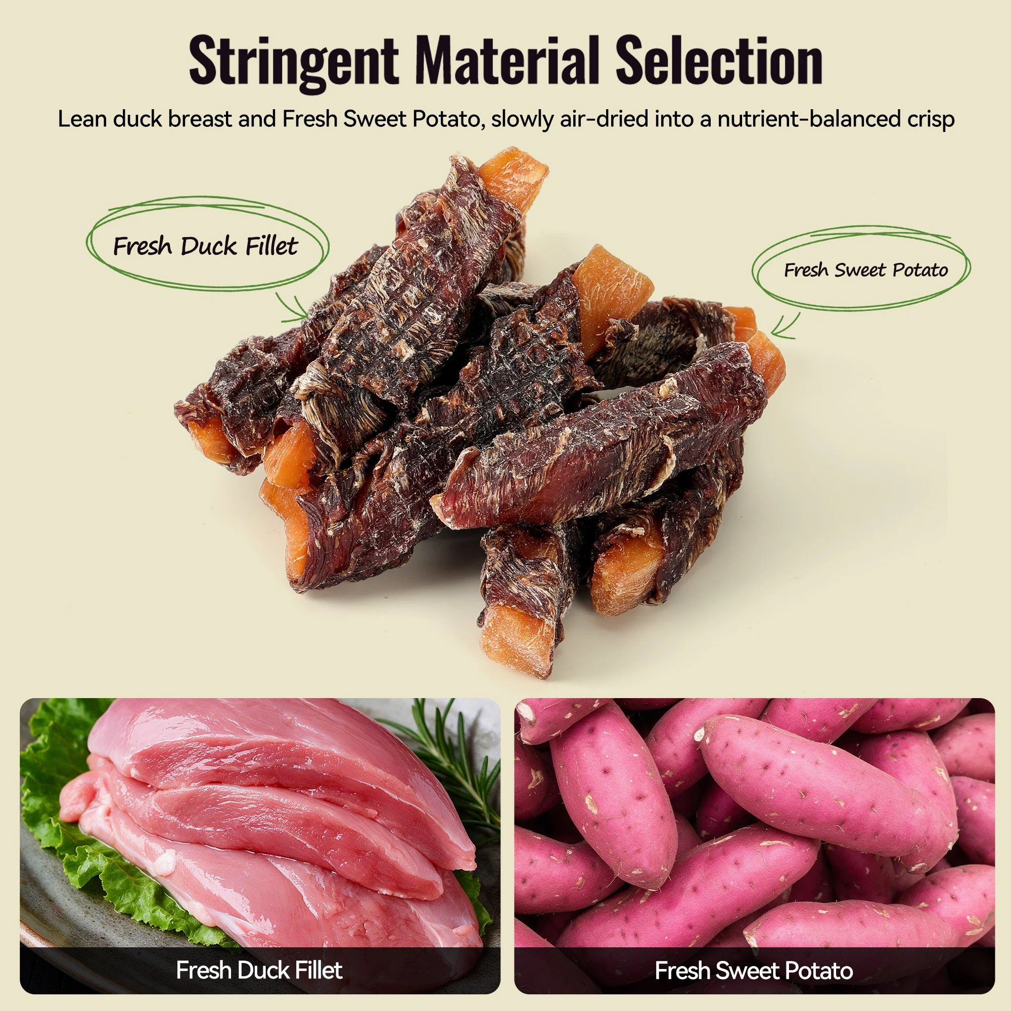 Duck breast and sweet potato ingredients for De Trew air-dried dog treats
